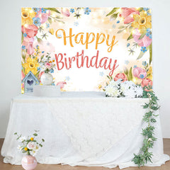 Lofaris Colorful Floral Light Strip Happy Birthday Backdrop