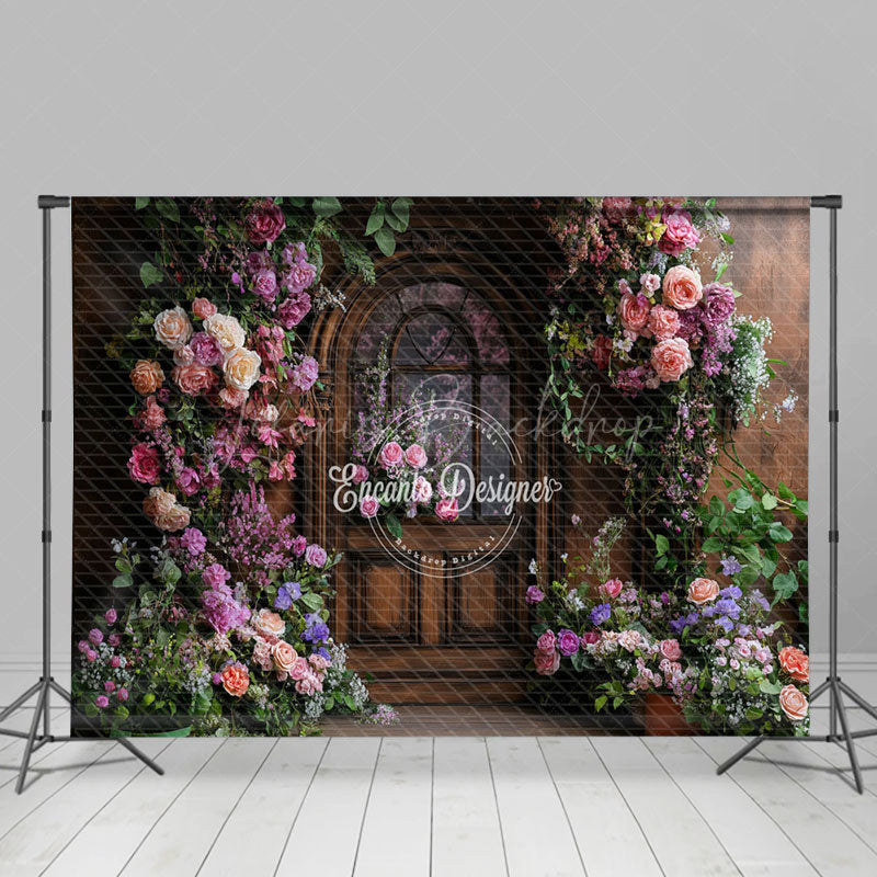 Lofaris Colorful Floral Plant Brown Door Spring Backdrop