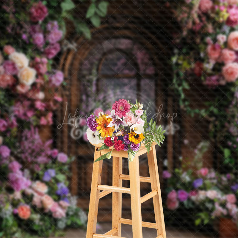 Lofaris Colorful Floral Plant Brown Door Spring Backdrop