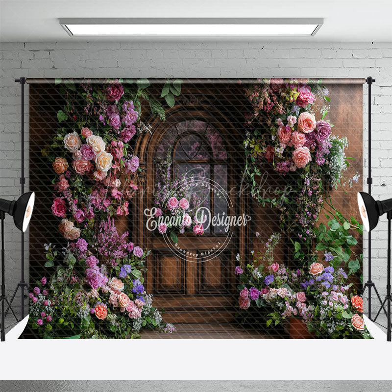 Lofaris Colorful Floral Plant Brown Door Spring Backdrop