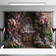 Lofaris Colorful Floral Plant Brown Door Spring Backdrop