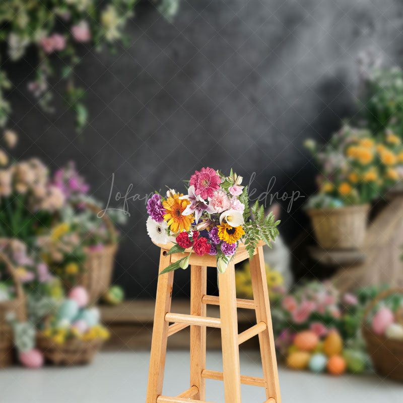 Lofaris Colorful Floral Wood Stairs Egg Bunny Easter Backdrop