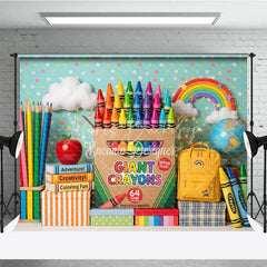 Lofaris Colorful Giant Crayons and School Supplies Photography Backdrop featuring Rainbow Books Apple for Kids