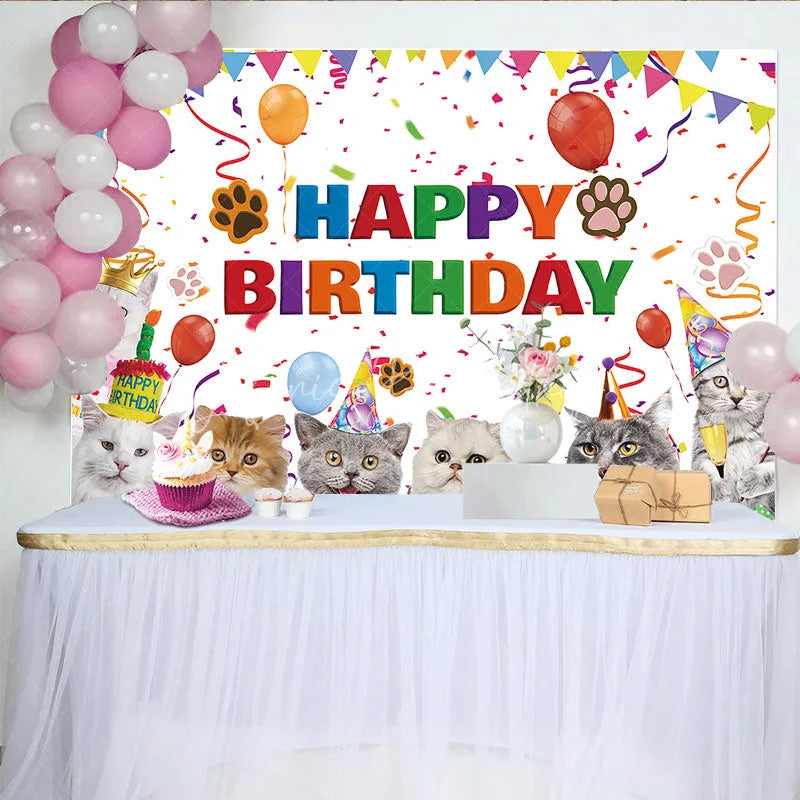 Lofaris Colorful Happy Birthday Backdrop Featuring Cute Cartoon Cats Balloons and Confetti for Festive Pet Party