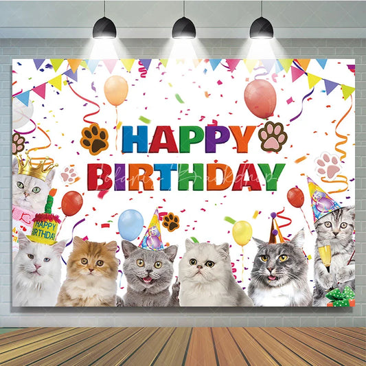 Lofaris Colorful Happy Birthday Backdrop Featuring Cute Cartoon Cats Balloons and Confetti for Festive Pet Party