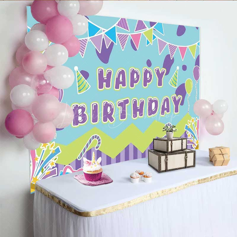 Lofaris Colorful Happy Birthday Party Backdrop for Kids Candy and Balloons Celebration Fun Bunting Gifts Photo Prop