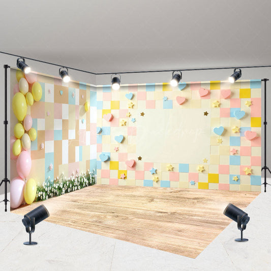 Lofaris Colorful Heart Plaid Wall Wedding Room Set Backdrop
