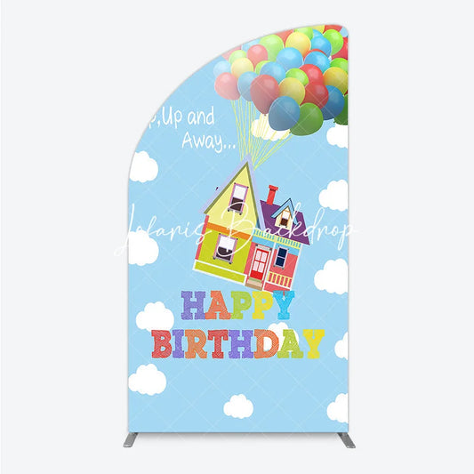 Lofaris Colorful House and Balloons ’Up Up Away’ Happy Birthday Half Moon Arch Backdrop Whimsical Party Decor