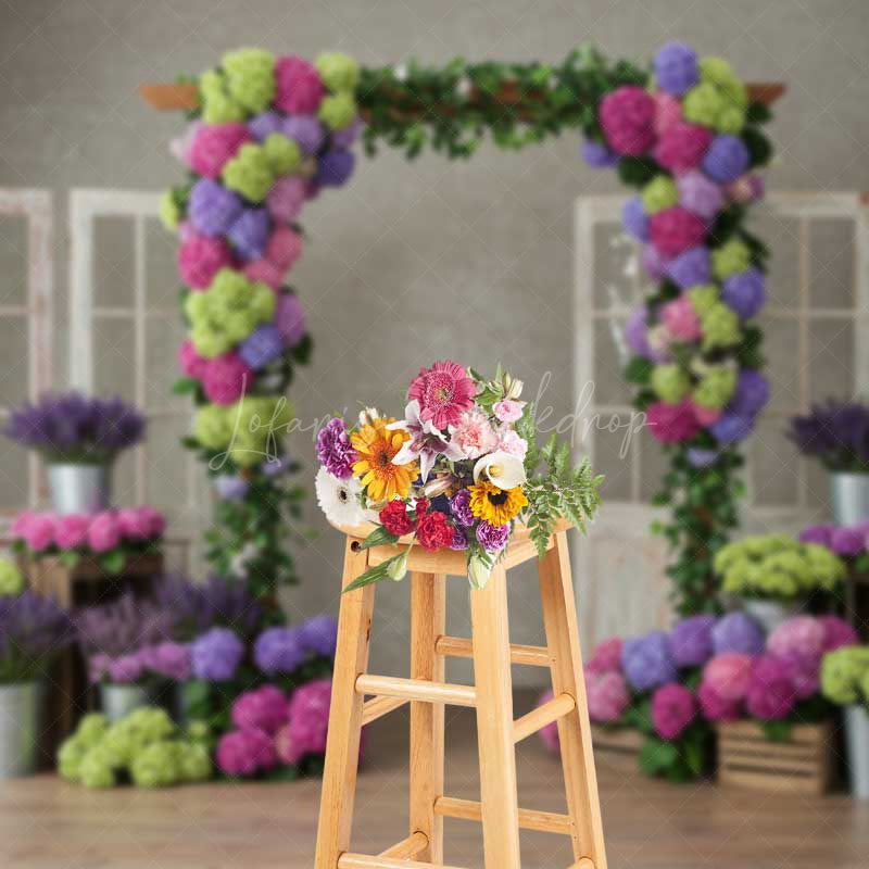 Lofaris Colorful Hydrangea Wedding Arch Photography Backdrop Rustic Doors with Purple and Green Florals Garden Photo Prop