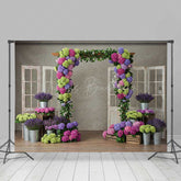 Lofaris Colorful Hydrangea Wedding Arch Photography Backdrop Rustic Doors with Purple and Green Florals Garden Photo Prop