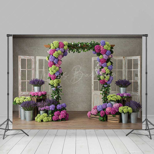 Lofaris Colorful Hydrangea Wedding Arch Photography Backdrop Rustic Doors with Purple and Green Florals Garden Photo Prop