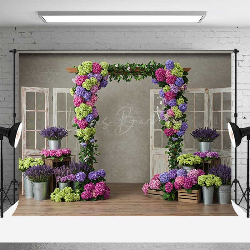 Lofaris Colorful Hydrangea Wedding Arch Photography Backdrop Rustic Doors with Purple and Green Florals Garden Photo Prop