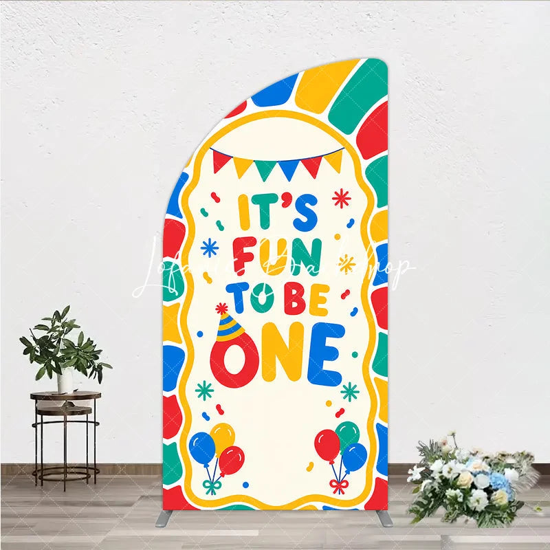 Lofaris Colorful ’It’s Fun to Be One’ First Birthday Half Moon Arch Backdrop with Balloons and Party Hat Decor
