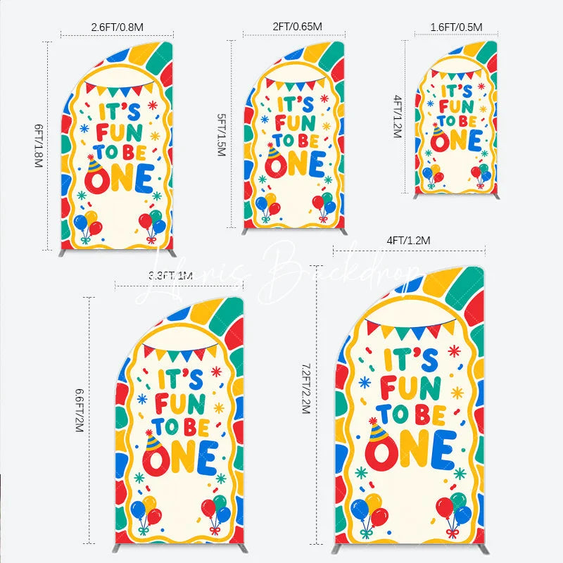 Lofaris Colorful ’It’s Fun to Be One’ First Birthday Half Moon Arch Backdrop with Balloons and Party Hat Decor