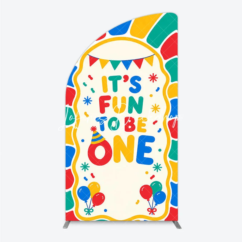 Lofaris Colorful ’It’s Fun to Be One’ First Birthday Half Moon Arch Backdrop with Balloons and Party Hat Decor