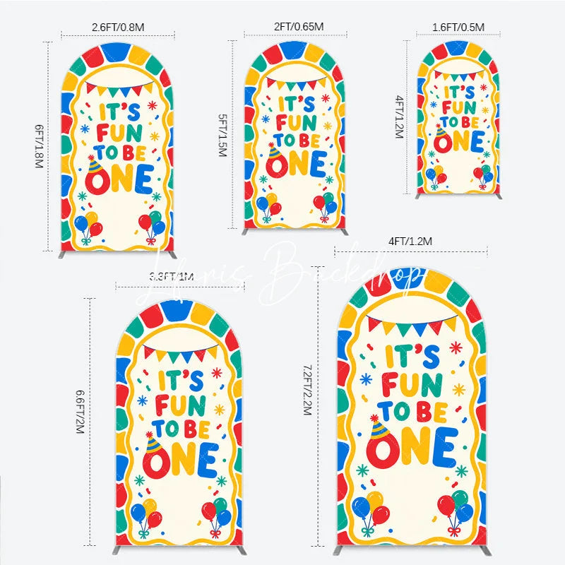 Lofaris Colorful Its Fun to Be One First Birthday Round Top Arch Backdrop featuring Balloons and Confetti