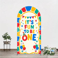 Lofaris Colorful Its Fun to Be One First Birthday Round Top Arch Backdrop featuring Balloons and Confetti