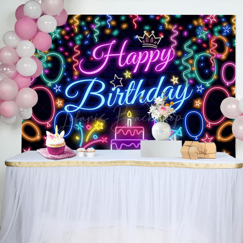 Lofaris Colorful Neon Ribbons Cake Happy Birthday Backdrop