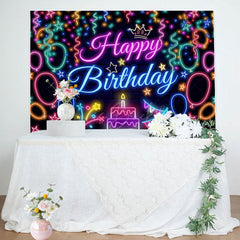 Lofaris Colorful Neon Ribbons Cake Happy Birthday Backdrop