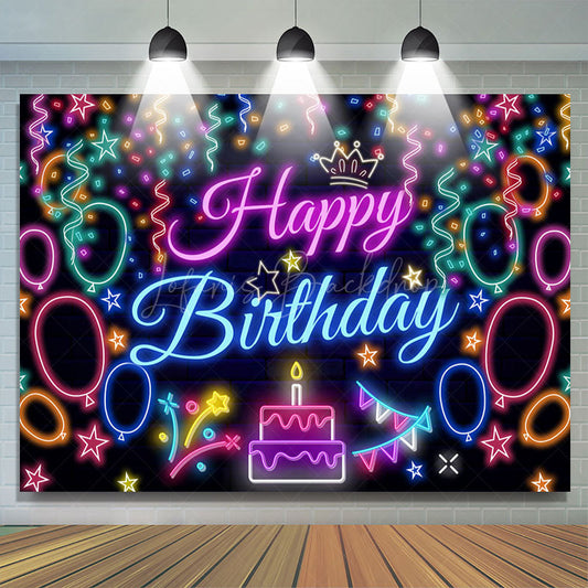 Lofaris Colorful Neon Ribbons Cake Happy Birthday Backdrop