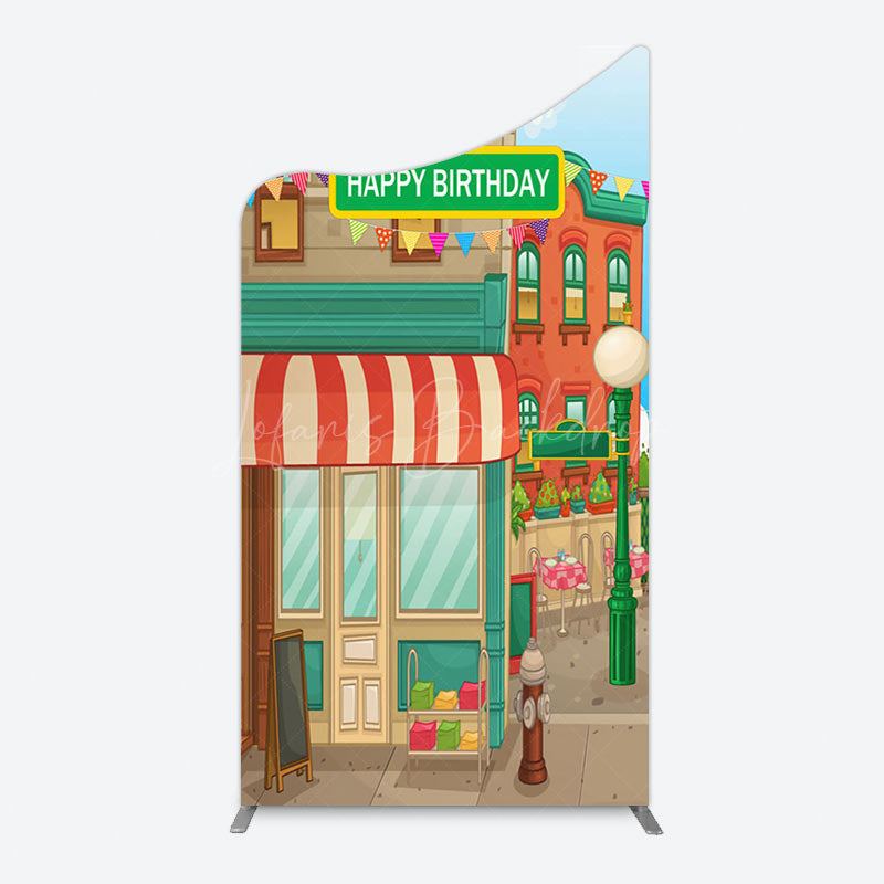 Lofaris Colorful Old Town Street Happy Birthday Arch Backdrop
