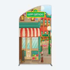 Lofaris Colorful Old Town Street Happy Birthday Arch Backdrop