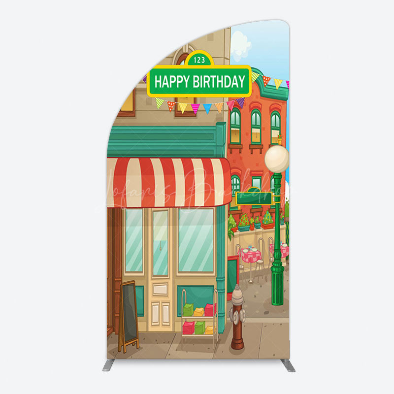 Lofaris Colorful Old Town Street Happy Birthday Arch Backdrop