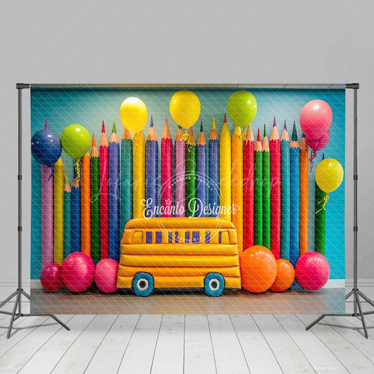 Lofaris Colorful Pencil Balloon School Bus Scene Backdrop