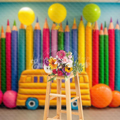 Lofaris Colorful Pencil Balloon School Bus Scene Backdrop