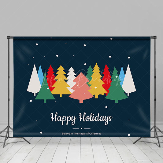 Lofaris Colorful Pine Trees Blue Happy Holidays Backdrop