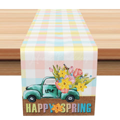Lofaris Colorful Plaid Love Truck Floral Spring Table Runner