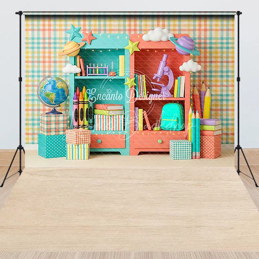 Lofaris Colorful Plaid Wall Bookshelves Combo Set Backdrop Whimsical School Supplies for Kids Learning