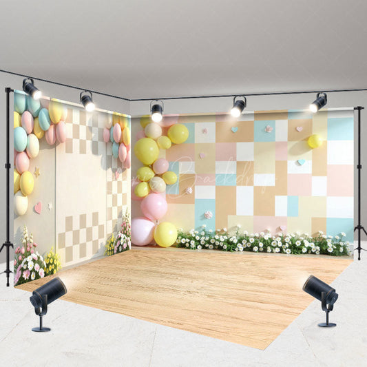 Lofaris Colorful Plaid Wall Floral Wedding Room Set Backdrop