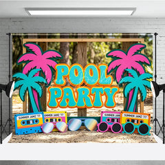 Lofaris Colorful Pool Party Photography Backdrop featuring Retro Palm Trees Summer Jamz Cassette Tapes and Sunglasses