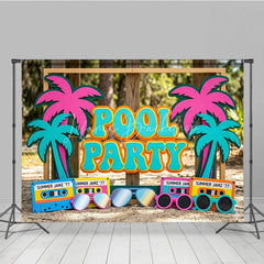 Lofaris Colorful Pool Party Photography Backdrop featuring Retro Palm Trees Summer Jamz Cassette Tapes and Sunglasses
