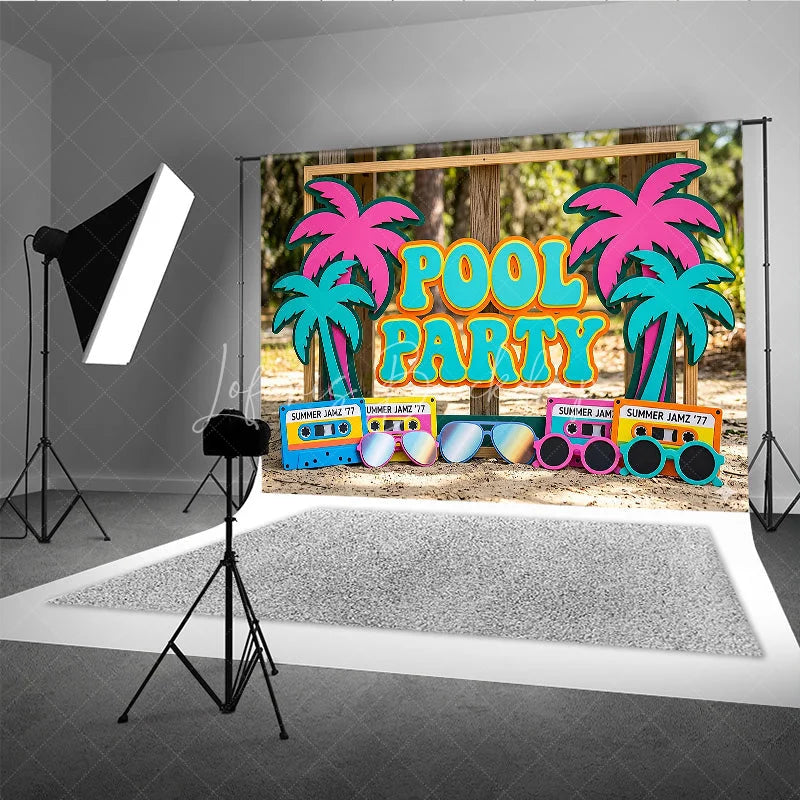 Lofaris Colorful Pool Party Photography Backdrop featuring Retro Palm Trees Summer Jamz Cassette Tapes and Sunglasses