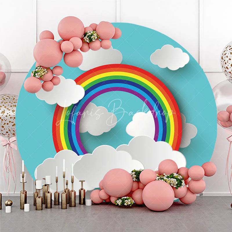 Lofaris Colorful Rainbow and Fluffy Clouds Round Backdrop Vibrant Blue Sky Theme for Baby Shower Birthday Party