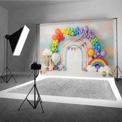 Lofaris Colorful Rainbow and Sun Photography Backdrop Clouds Balloons Birthday Banner