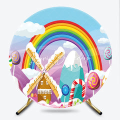 Lofaris Colorful Rainbow Candy Land Windmill Round Backdrop Sweet Lollipops and Canes for Birthday Party