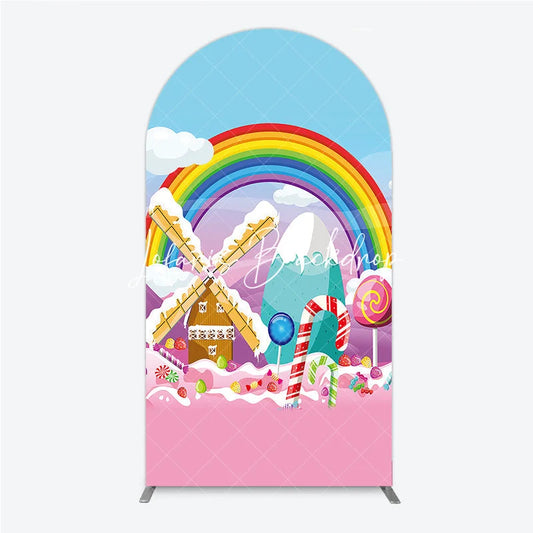Lofaris Colorful Rainbow Candy Land Windmill Round Top Arch Backdrop Sweet Wonderland Birthday Party Decor