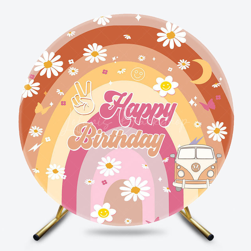 Lofaris Colorful Rainbow Daisy Groovy Round Birthday Backdrop