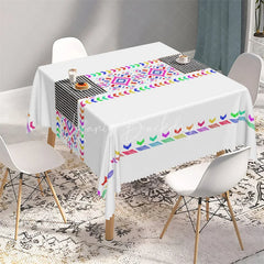 Lofaris Colorful Rainbow Tribal Band Rectangle Tablecloth White Aztec Pattern Table Cover for Boho Party
