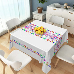 Lofaris Colorful Rainbow Tribal Band Rectangle Tablecloth White Aztec Pattern Table Cover for Boho Party