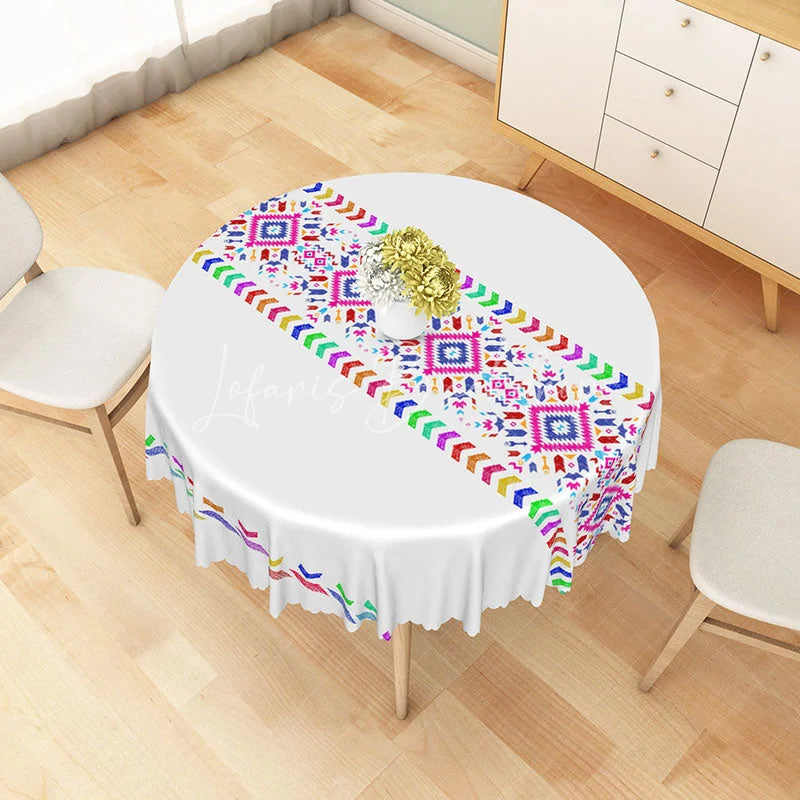 Lofaris Colorful Rainbow Tribal Geometric Round Tablecloth Vibrant Festive Pattern for Birthday and Party