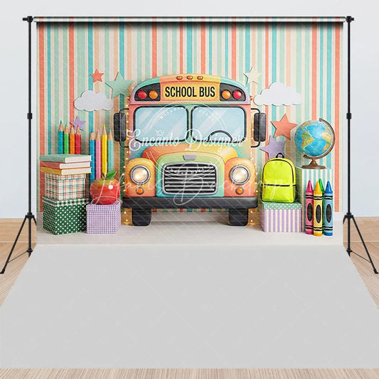 Lofaris Colorful School Bus and Learning Supplies Combo Set Backdrop Striped Back to Theme for Kids Photography