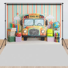 Lofaris Colorful School Bus and Learning Supplies Combo Set Backdrop Striped Back to Theme for Kids Photography