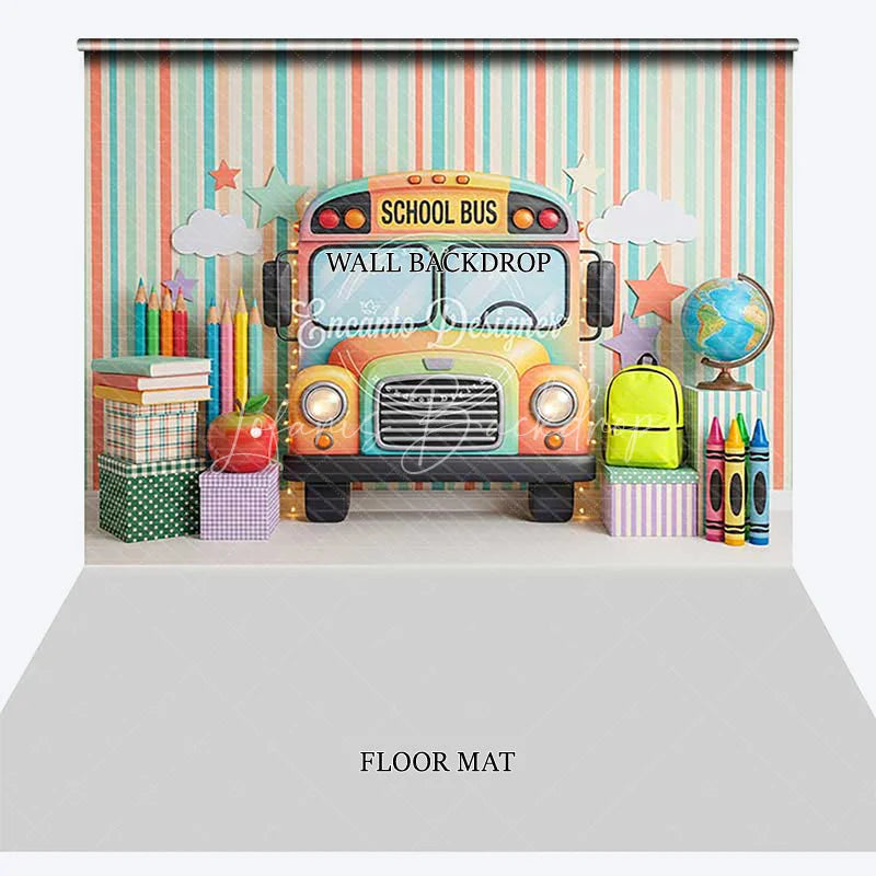 Lofaris Colorful School Bus and Learning Supplies Combo Set Backdrop Striped Back to Theme for Kids Photography