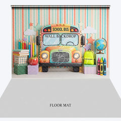 Lofaris Colorful School Bus and Learning Supplies Combo Set Backdrop Striped Back to Theme for Kids Photography