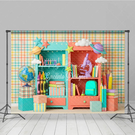 Lofaris Colorful School Supplies Bookshelves Photography Backdrop Educational Pastel Plaid for Kids Back to Party