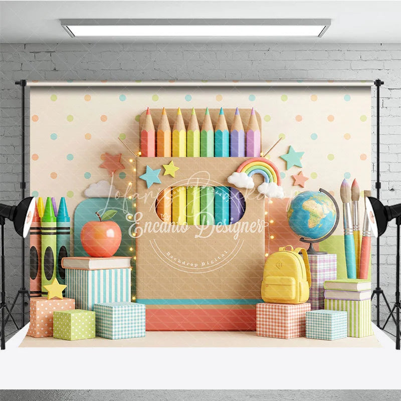 Lofaris Colorful School Theme Photography Backdrop featuring Pencils Crayons Apple and Books for Kids